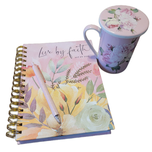Live by Faith Journal, Floral Cup with Lid, and Ink Pen