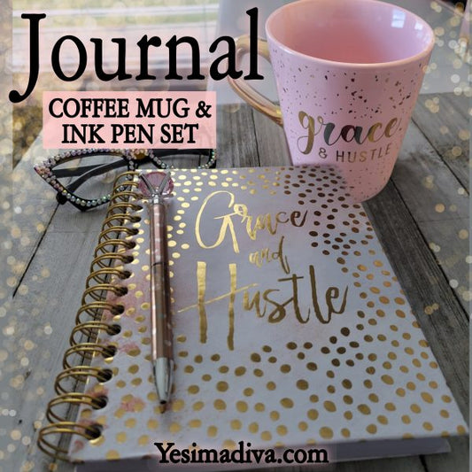 Grace and Hustle Journal, Coffee Mug and Ink Pen