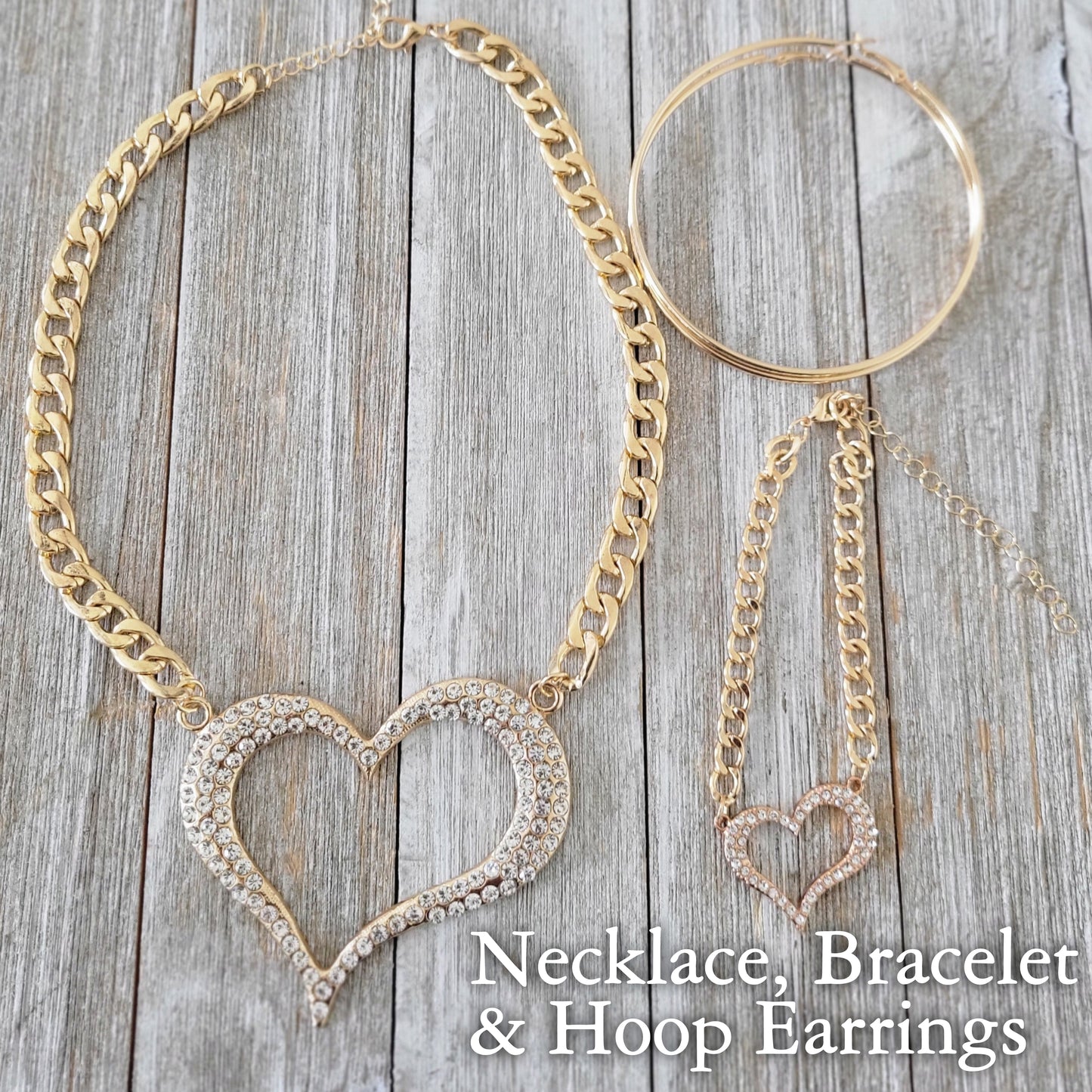 Glam Gold Heart Necklace, Bracelet & Hoop Earrings Set