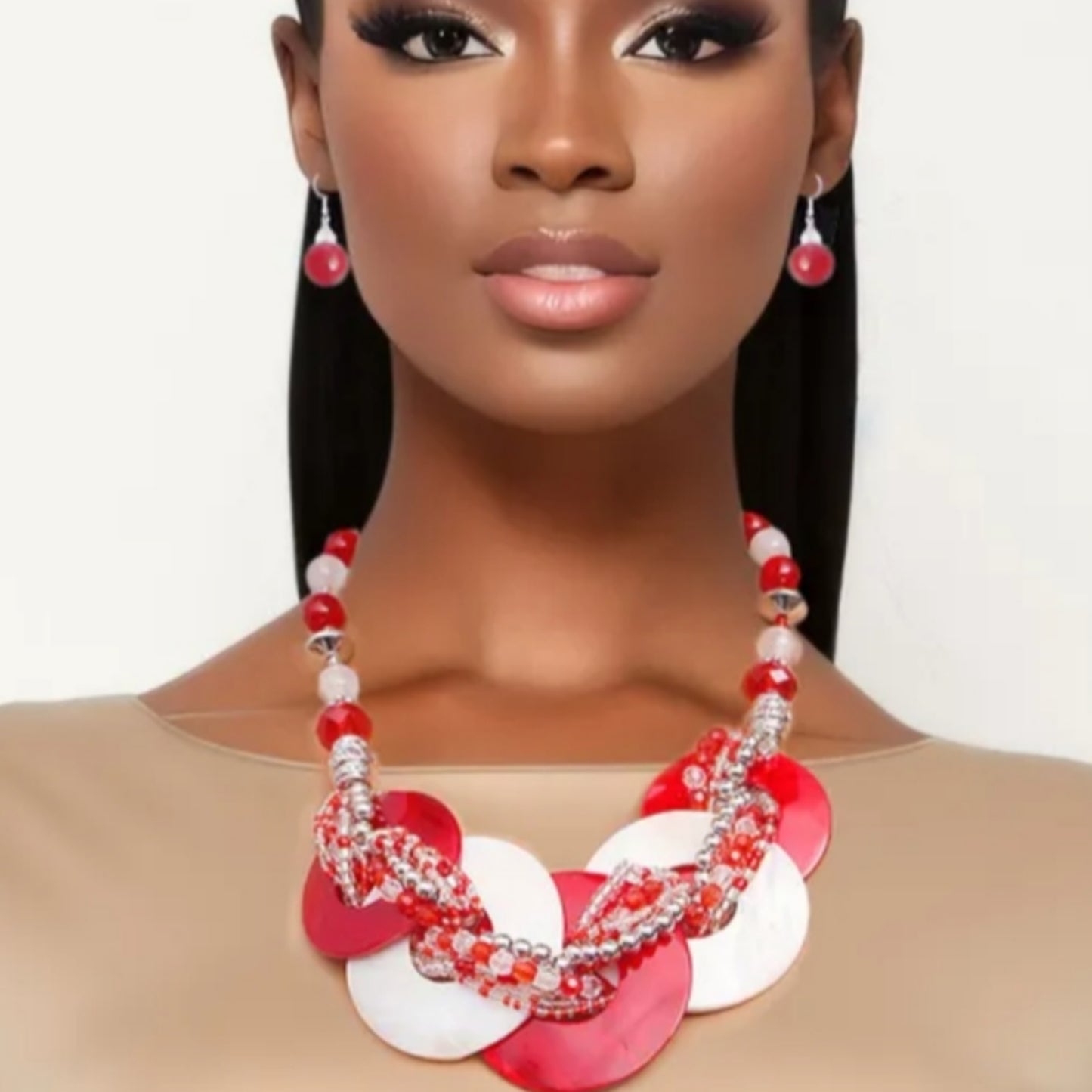 Red and White Necklace Set