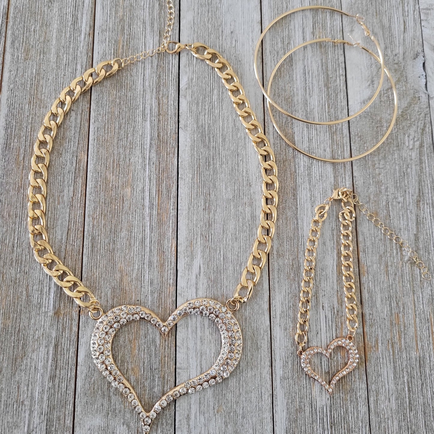 Glam Gold Heart Necklace, Bracelet & Hoop Earrings Set