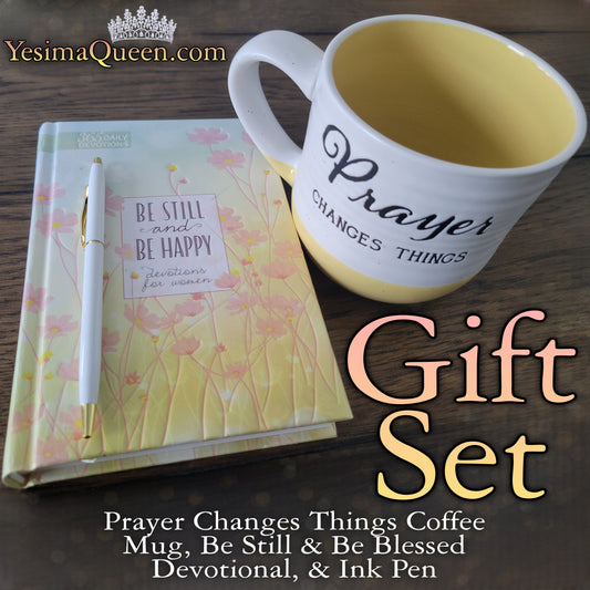Prayer Changes Things Coffee Mug, Be Still and Be Happy Devotions for Women, and Ink Pen