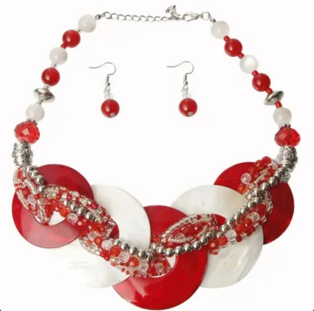 Red and White Necklace Set