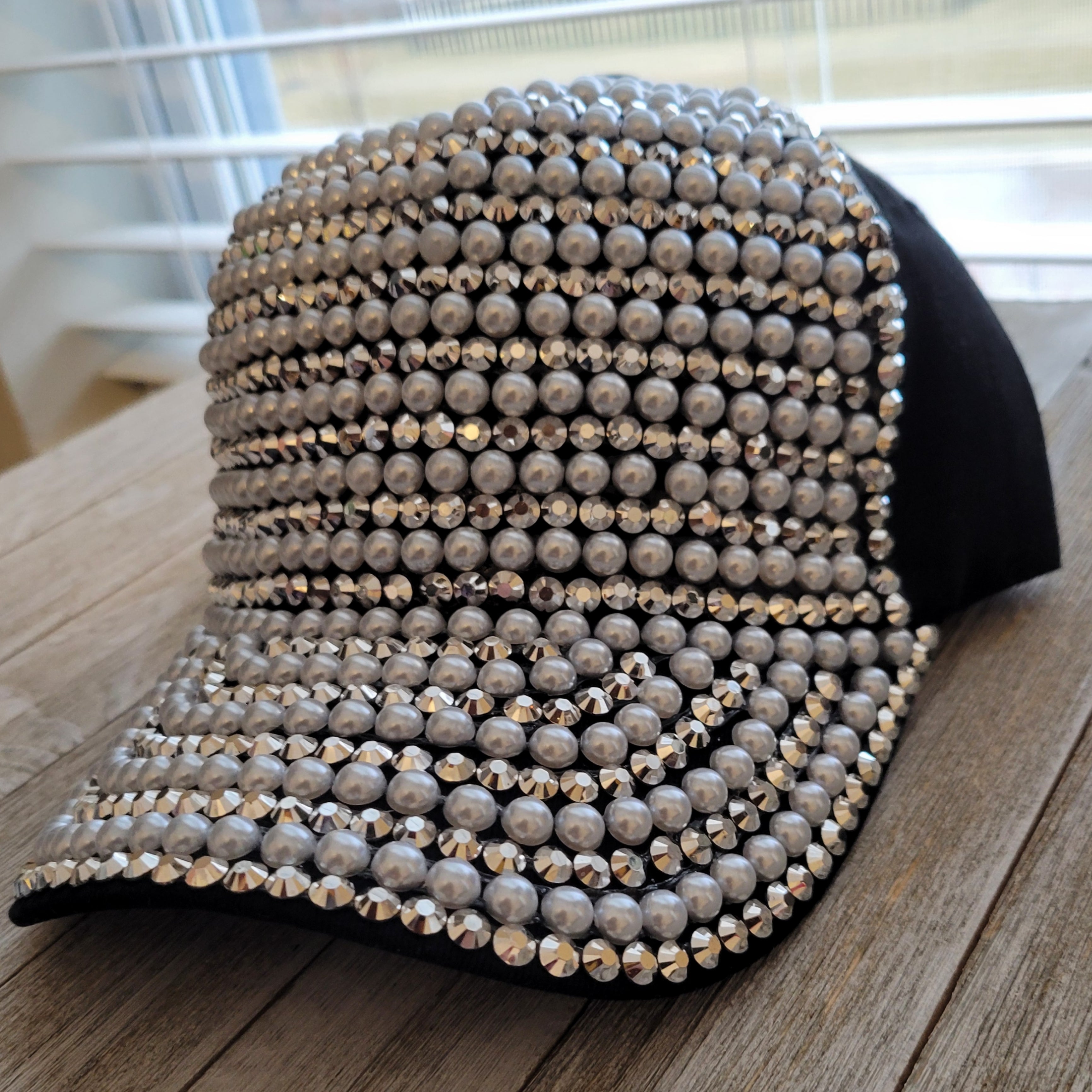 Pearl and Rhinestone Glam Hat -- BLACK