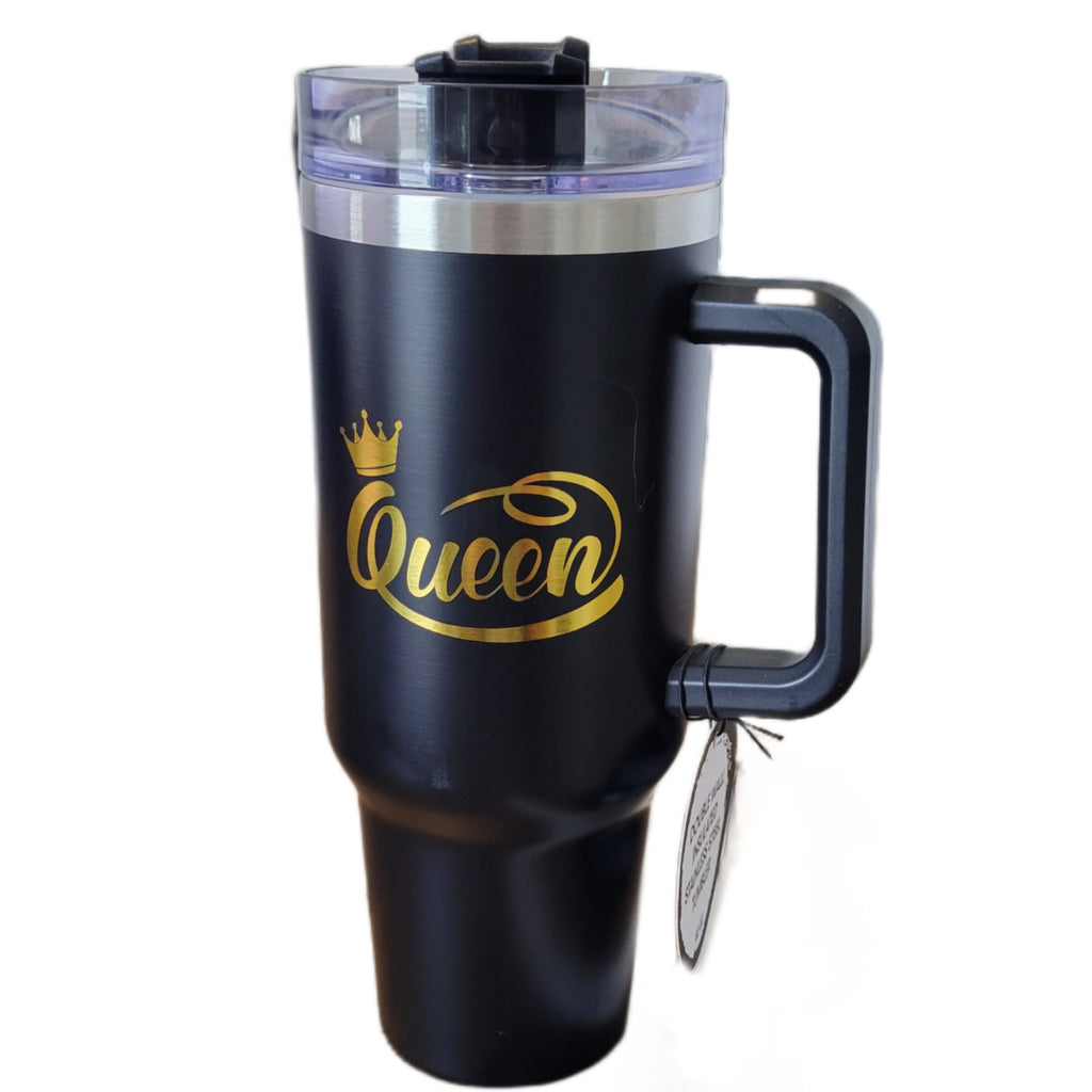 A black stainless steel tumbler with a gold 'QUEEN' text and a crown design on the front, featuring a clear lid and a black handle.