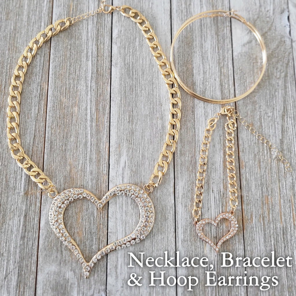 Glam Gold Heart Necklace, Bracelet & Hoop Earrings Set