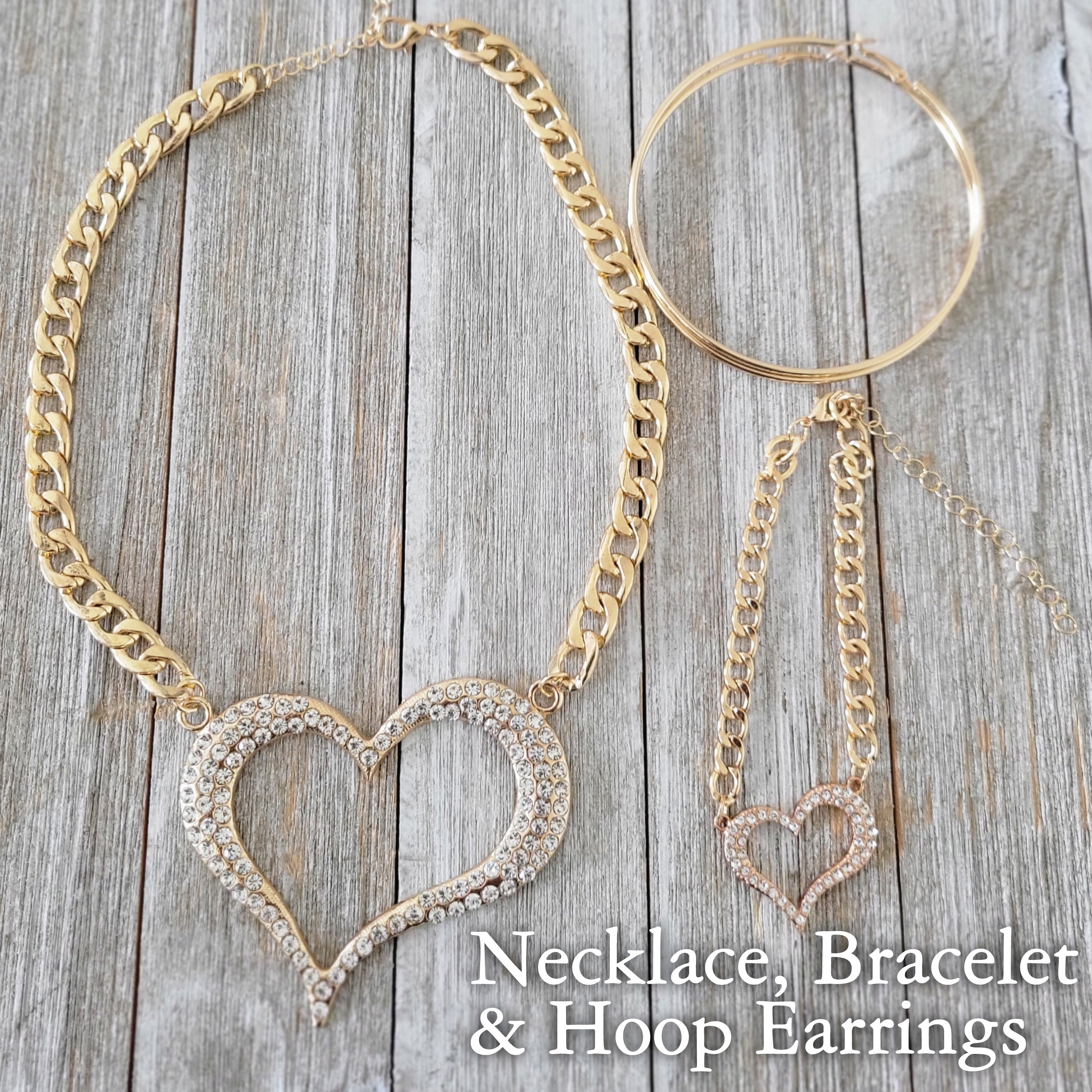 Glam Gold Heart Necklace, Bracelet & Hoop Earrings Set