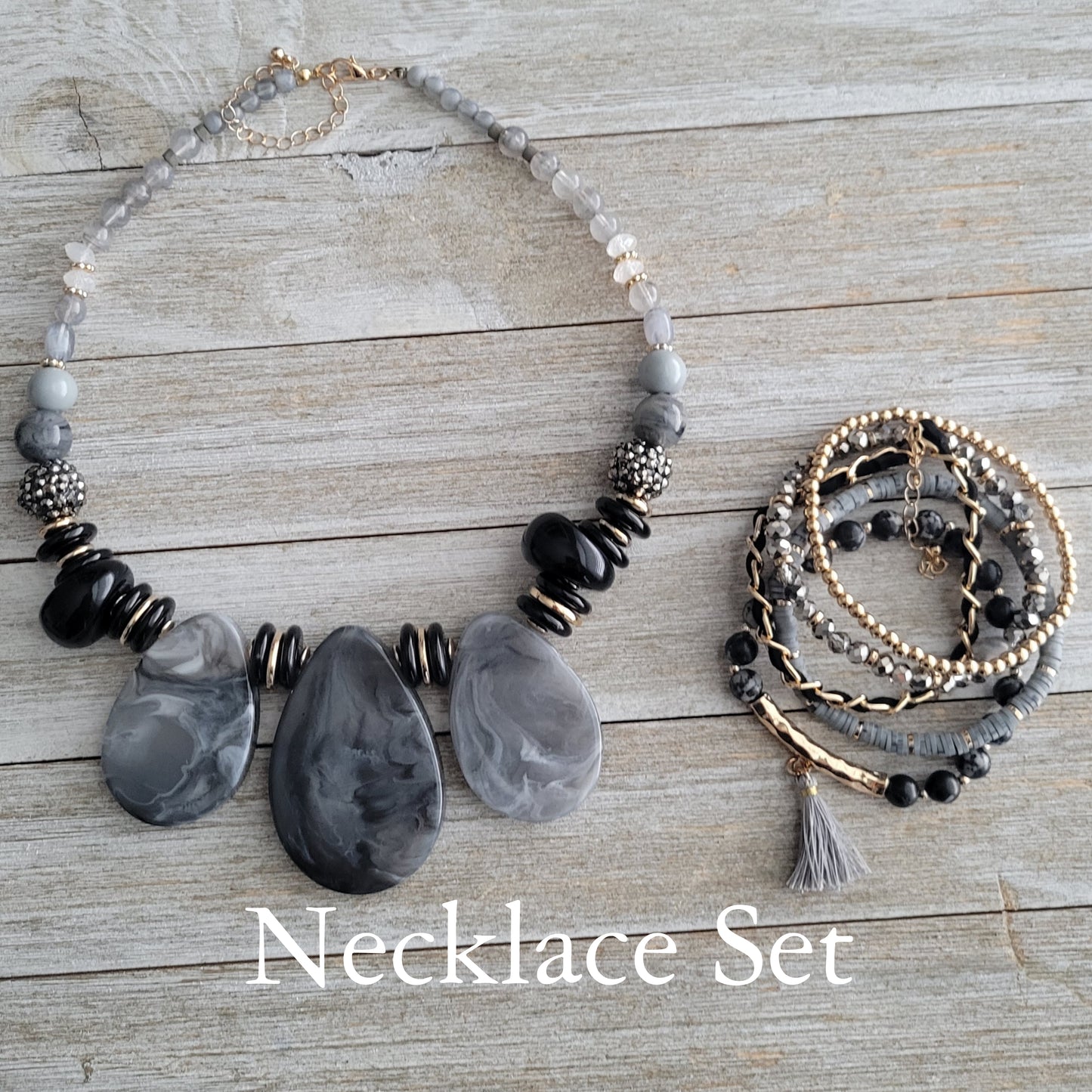 Gorgeous Grey, Black and Bling Necklace Set