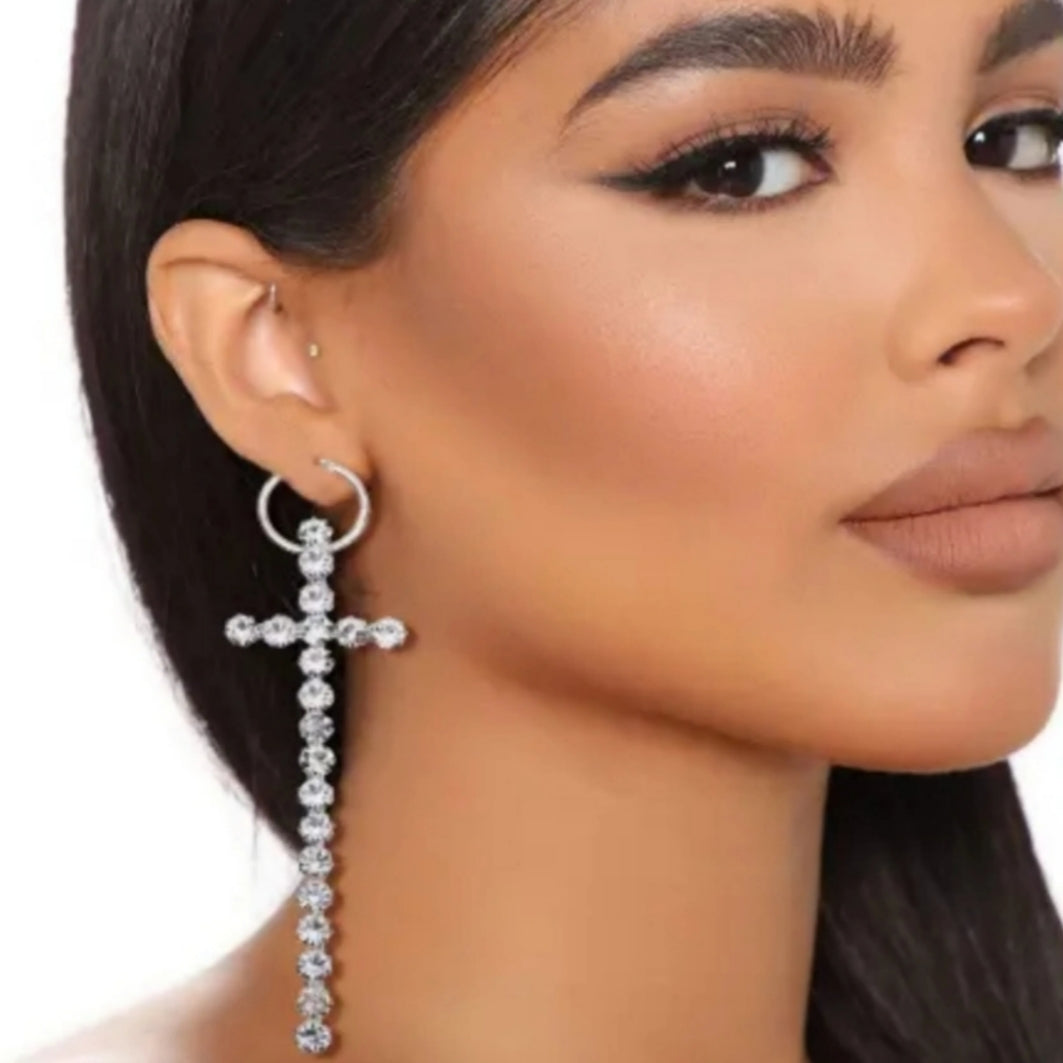 Rhinestone Cross Baby Hoop Earrings - SILVER