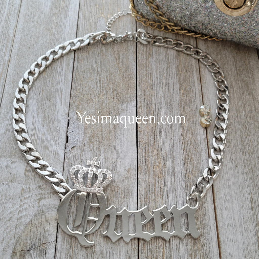 Queen Crown Bling Necklace- Silver